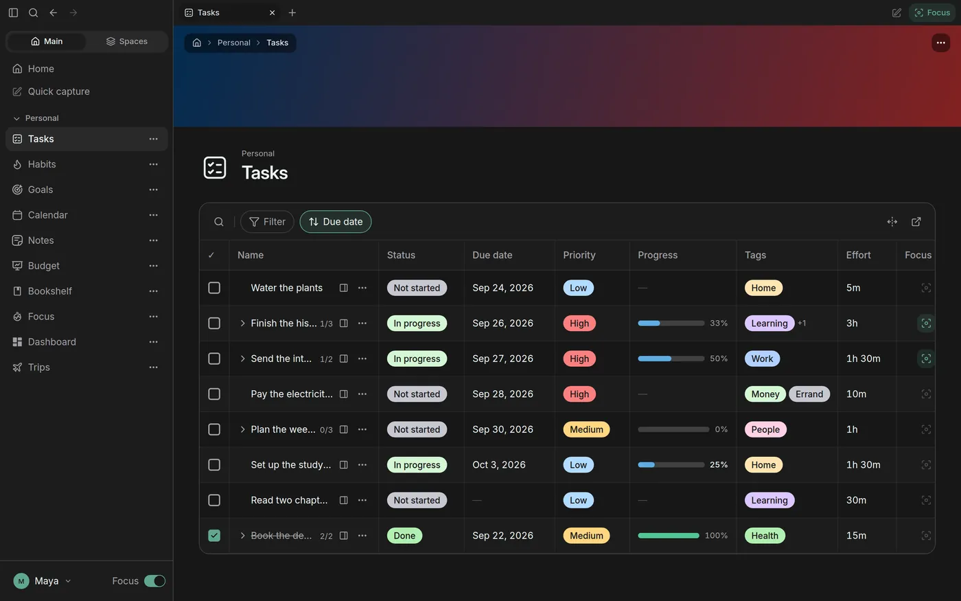 Lifey's task list with focus mode on and the editing controls hidden